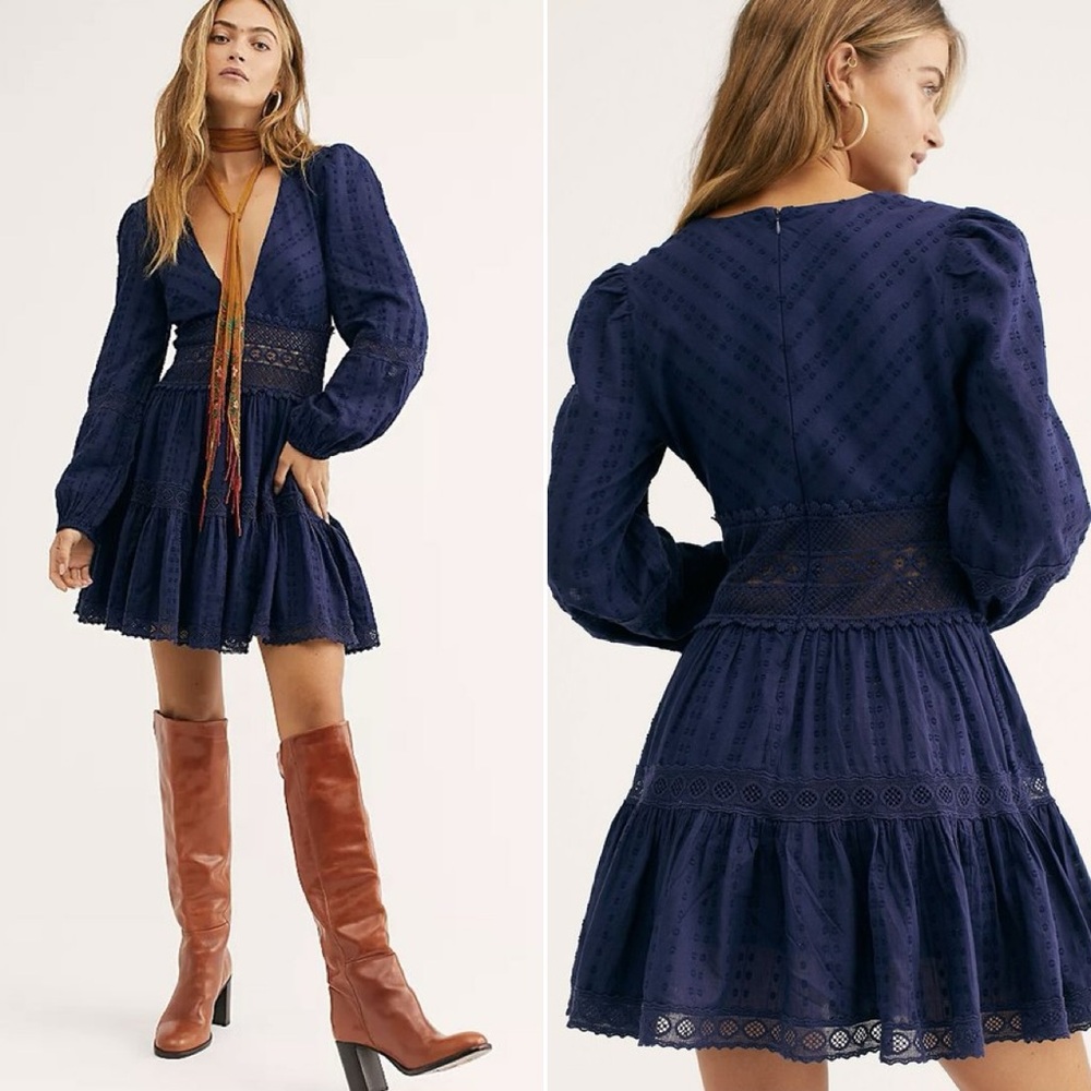 Free People Navy Blue Long-Sleeve Mini Dress